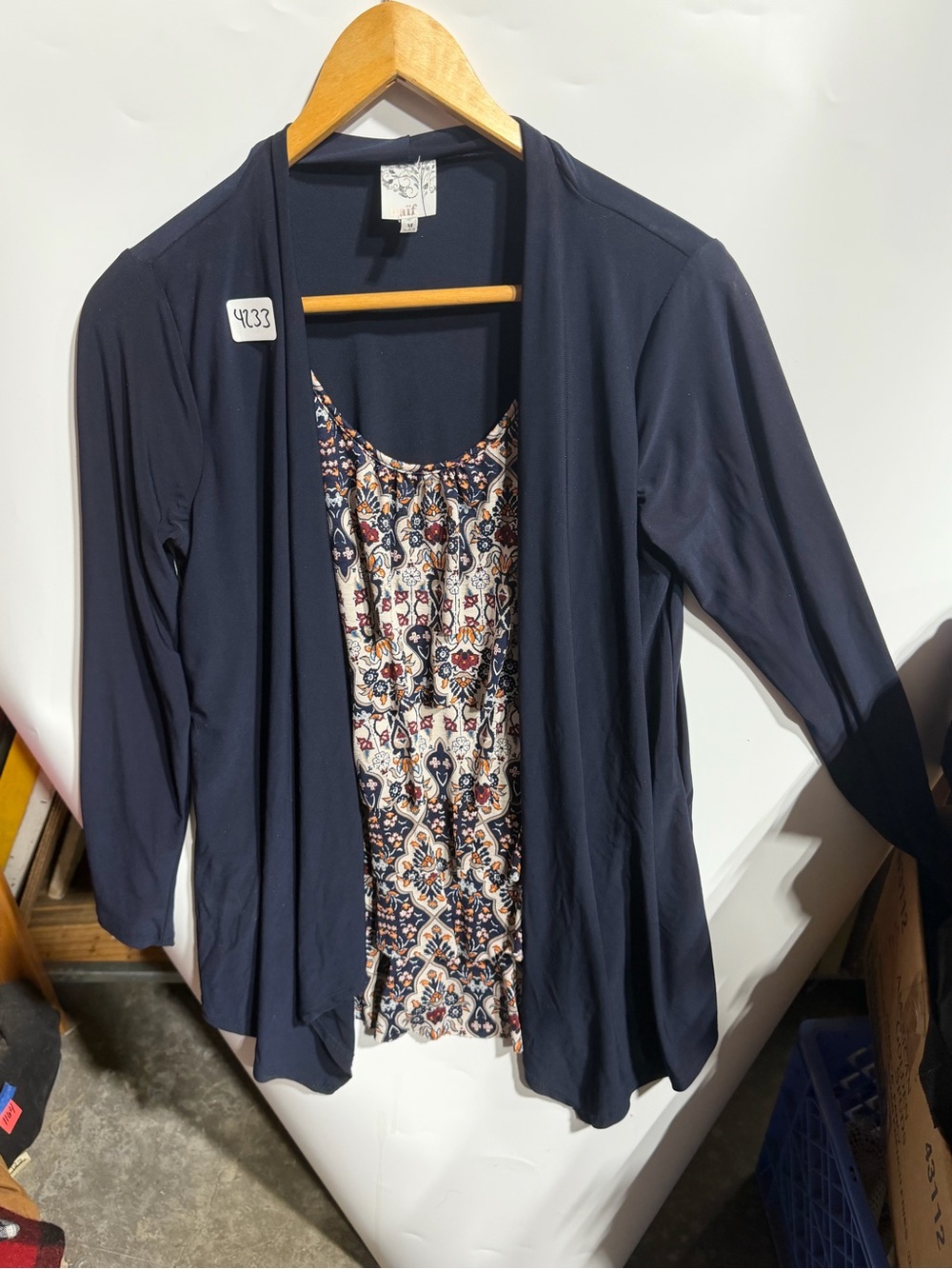 #4233-Navy Layered Open-Front Blouse with Printed Tank